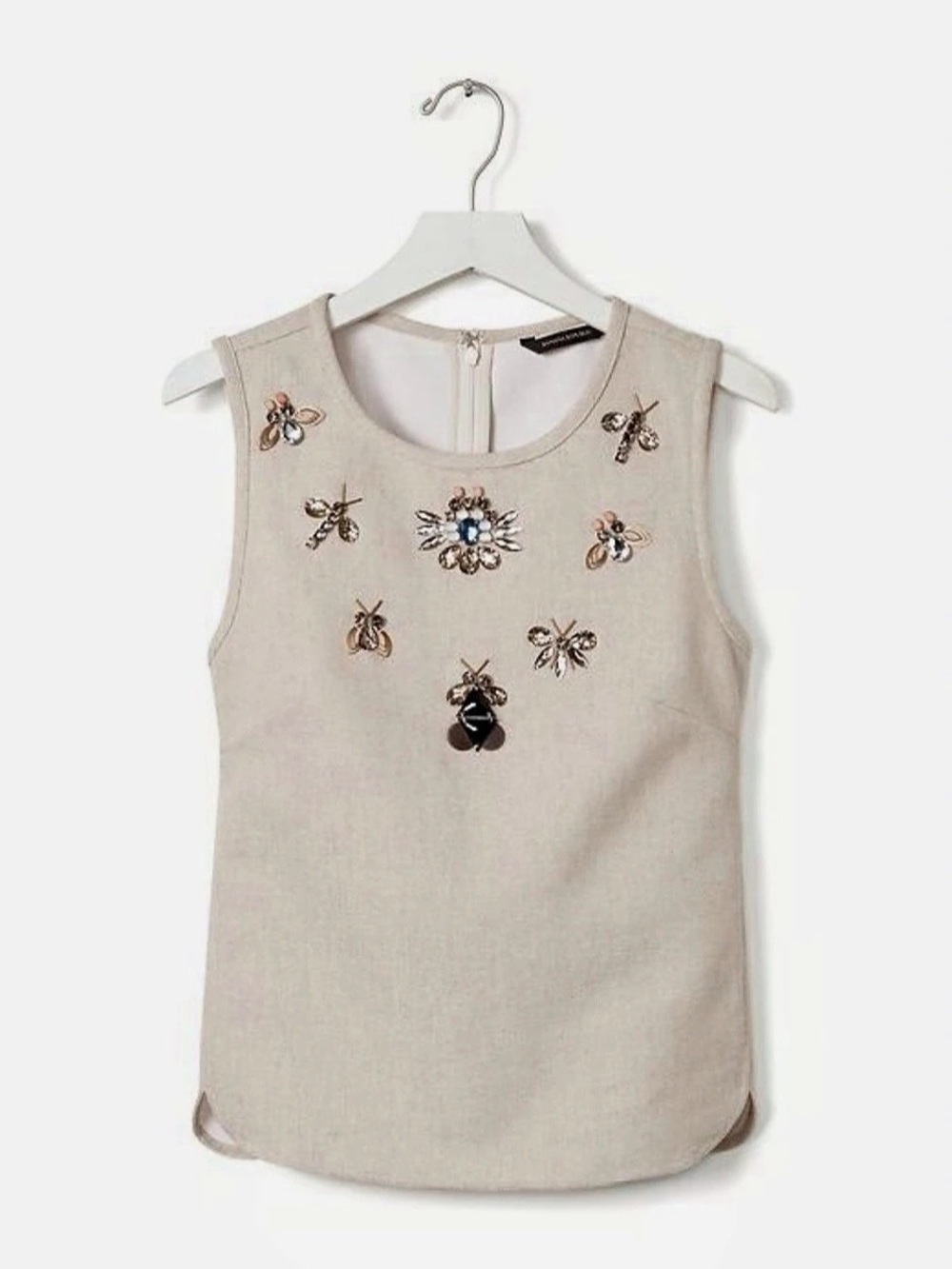 Banana Republic Jeweled Bug Embellished Linen Sleeveless Top in Beige Like New